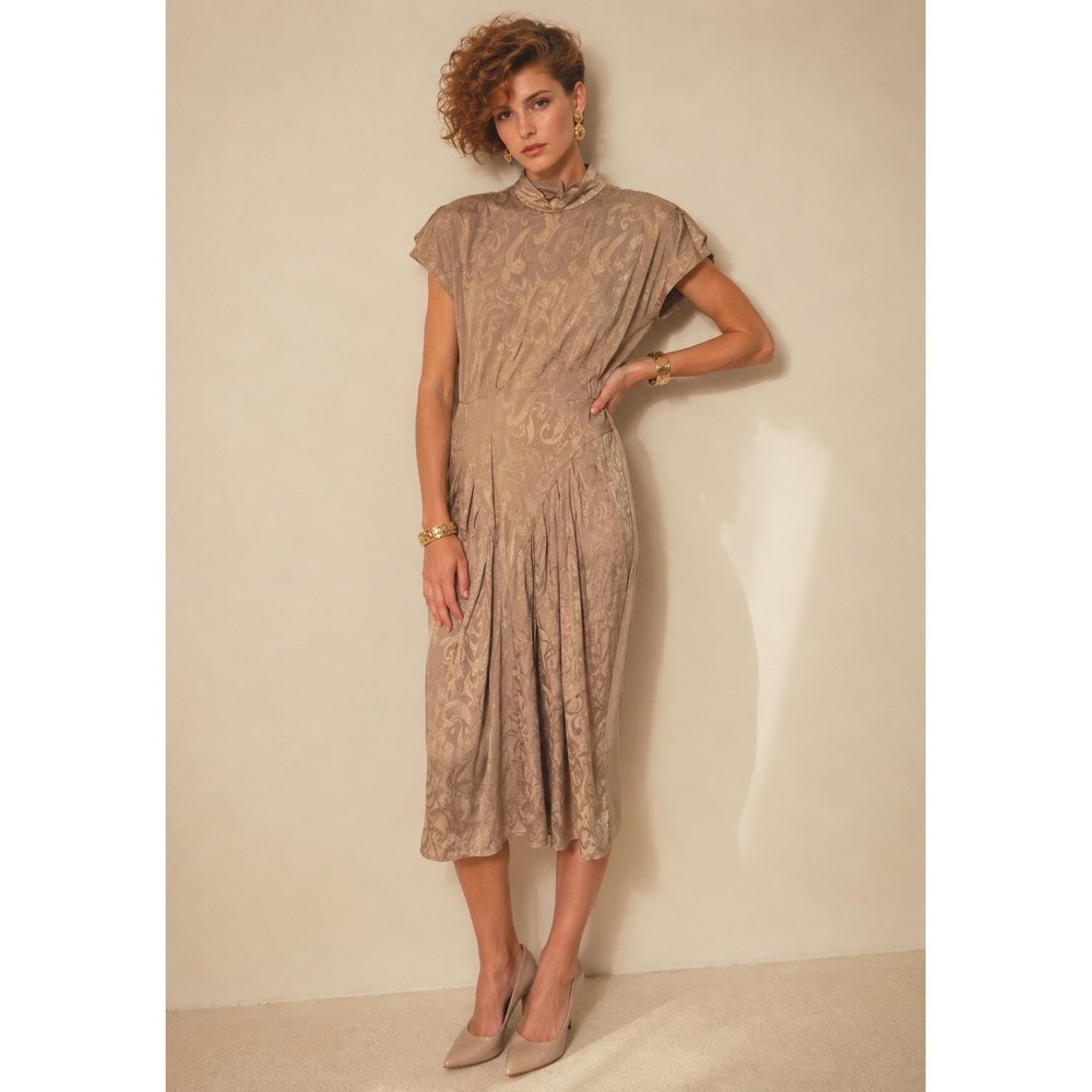 Vtg Beige Cocktail Dress 12 Taupe Paisley Print Mock‎ Neck Basque Waist 80s NWT